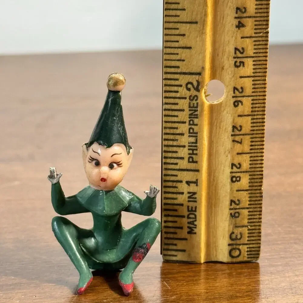 Vintage Japan Christmas Pixie Elf Figurine Green Sitting Knee Hugger Style 2”